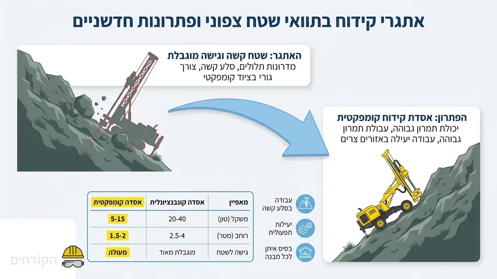 נוצר על ידי מודל בינה מלאכותית Gemini Pro מכונת קידוח מיקרופייל של חברת הקודחים פועלת בתוואי שטח הררי