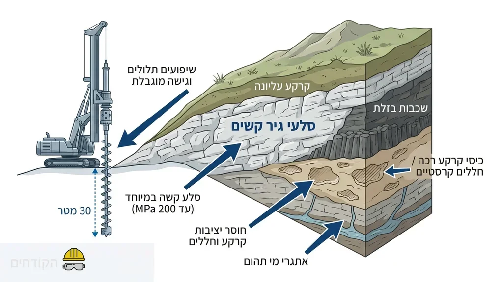 נוצר על ידי מודל בינה מלאכותית Gemini Pro מכונת קידוח קרקע פועלת באזור הררי וסלעי בצפון הארץ
