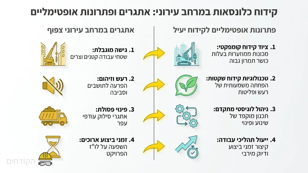 נוצר על ידי מודל בינה מלאכותית Gemini Pro מכונת קידוח כלונסאות פועלת באתר בנייה צפוף במרכז הארץ