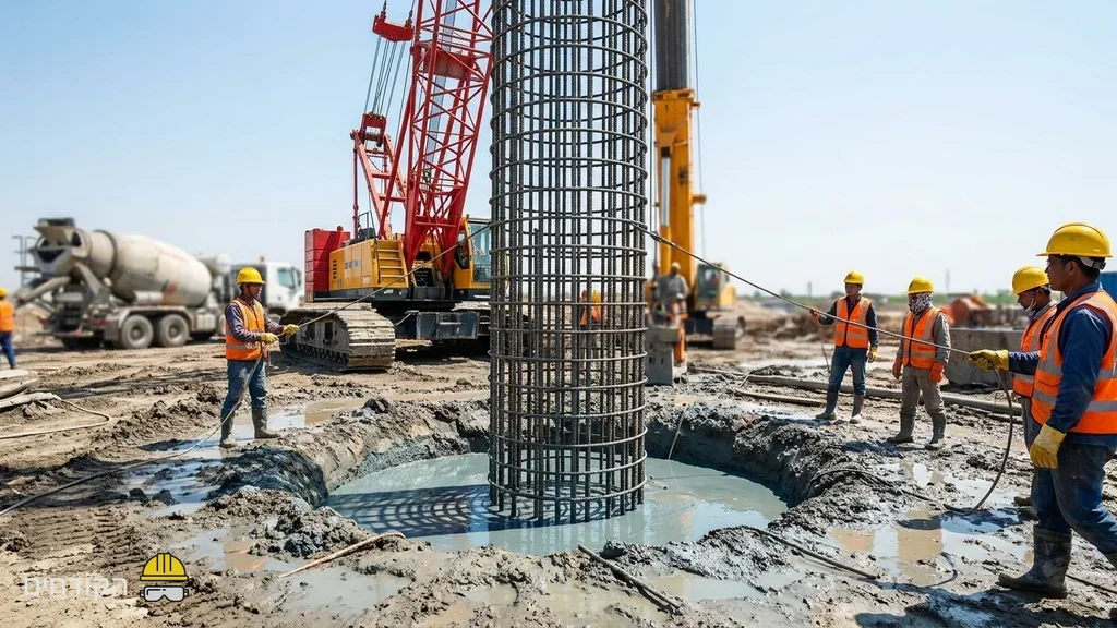 נוצר על ידי מודל בינה מלאכותית Gemini Pro החדרת כלוב זיון מפלדה אל תוך פיר קידוח לפני יציקת בטון
