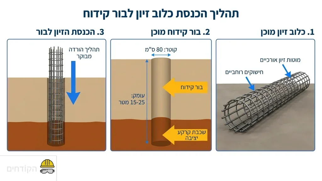 נוצר על ידי מודל בינה מלאכותית Gemini Pro כלובי ברזל לכלונסאות מוכנים באתר בנייה