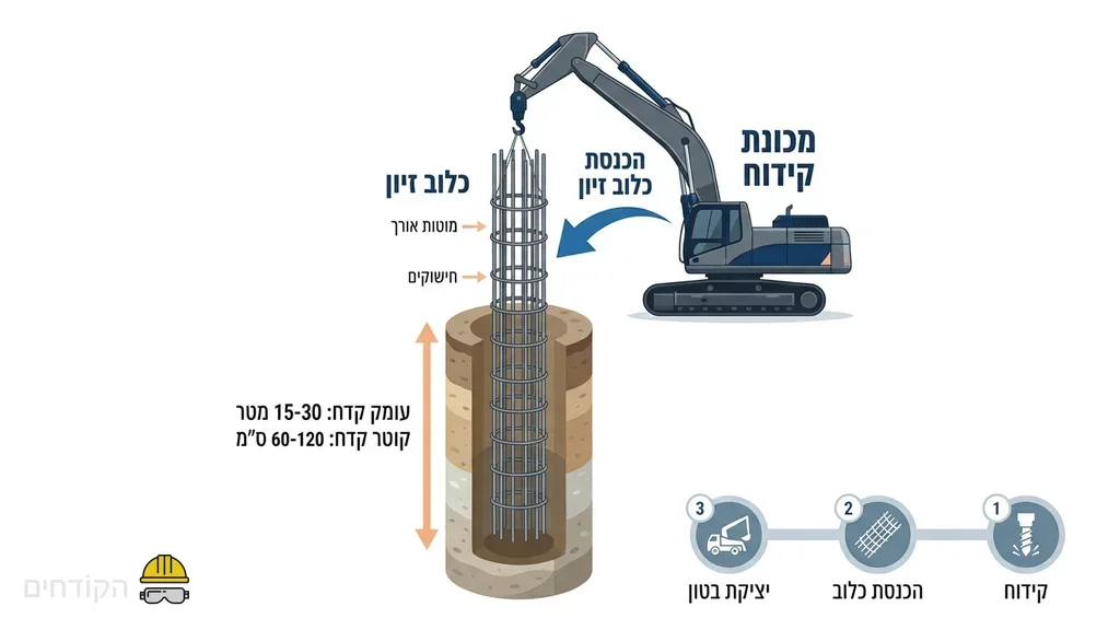 נוצר על ידי מודל בינה מלאכותית Gemini Pro הכנסת כלונסאות ברזל לתוך בור קידוח באמצעות מנוף