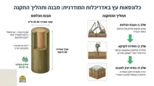 החדרת כלונסאות עץ מסיביים לביסוס מבנה באמצעות ציוד מכני כבד