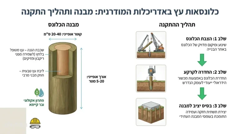 החדרת כלונסאות עץ מסיביים לביסוס מבנה באמצעות ציוד מכני כבד