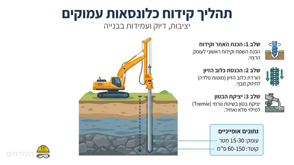 מכונת קידוח מבצעת יציקת כלונסאות באתר בנייה