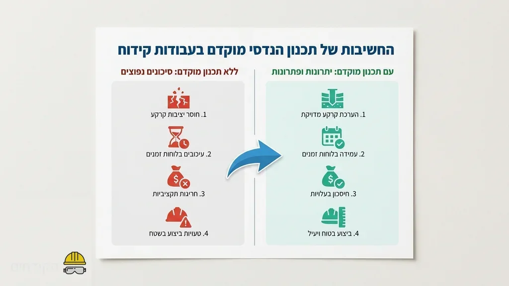 הקשר של תכנון הנדסי מוקדם, בדיקת תוכניות בשטח לפני תחילת עבודות הקידוח. מהנדס בוחן תוכניות הכנה הנדסית לקידוח בשטח בנייה