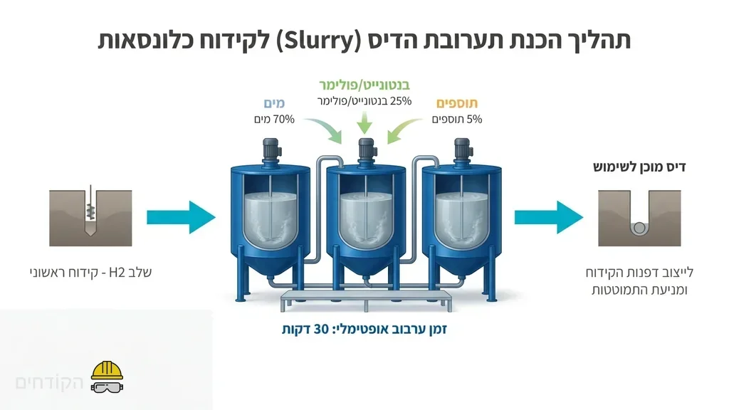 A construction site showing the mixing tanks for the slurry after the first H2 section. מיכלי הכנה לתמיסת בנטונייט באתר בנייה