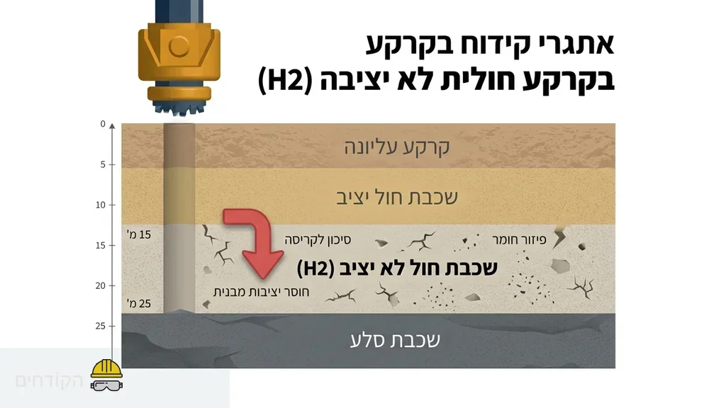 Heavy drilling machinery operating on unstable sandy soil after the third H2 section. מכונת קידוח פועלת על קרקע חולית