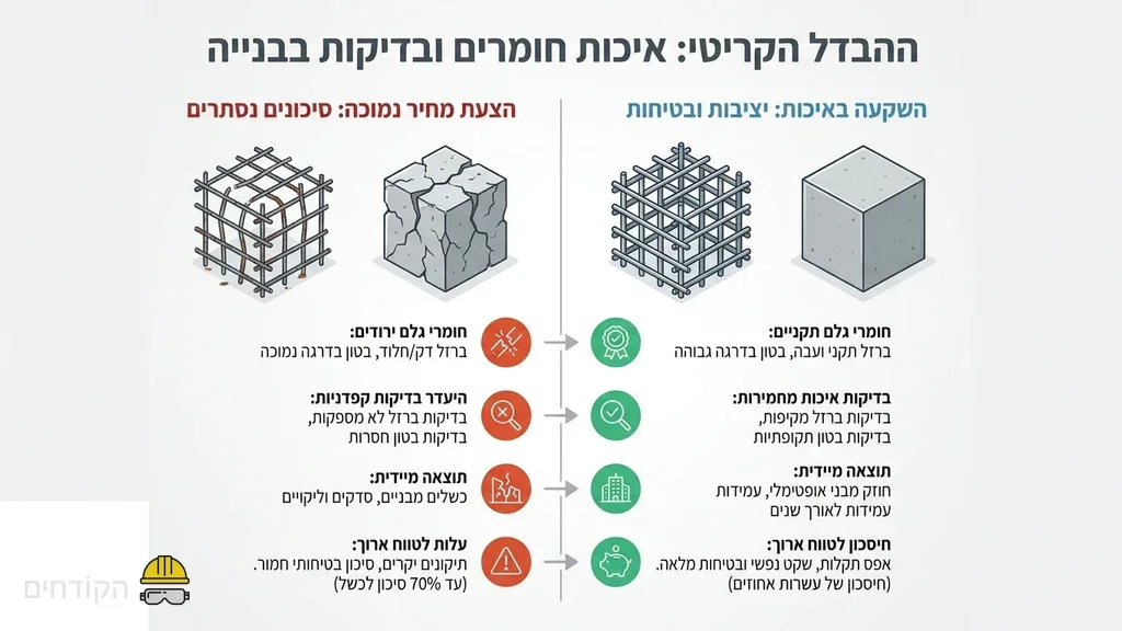 אחרי הפירוט על הסכנות הנסתרות בהצעות מחיר זולות, בדגש על חשיבות איכות החומרים ובדיקות הברזל והבטון. בדיקת איכות של שלד פלדה לכלונסאות טרם יציקה