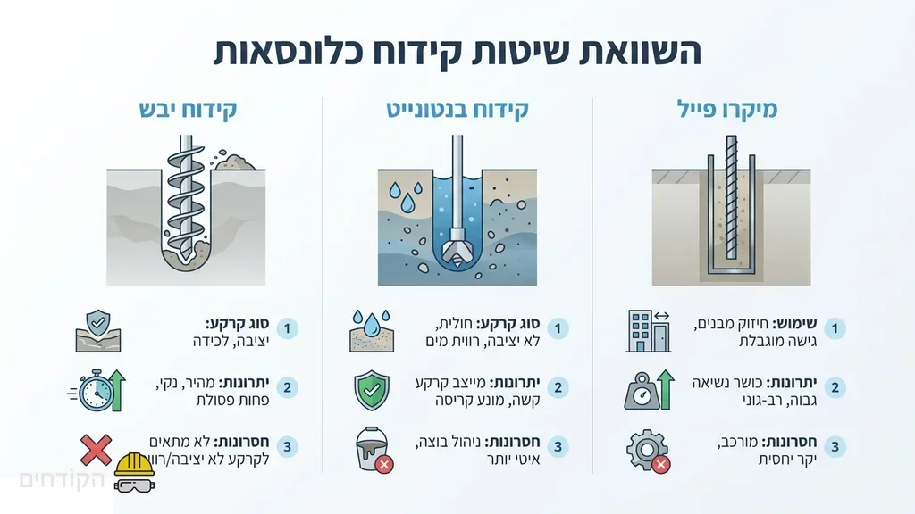 לאחר טבלת ההשוואה בין שיטות הקידוח השונות (יבש, בנטונייט, מיקרו פייל). החדרת כלוב זיון מפלדה לתוך בור קידוח באתר של חברת הקודחים