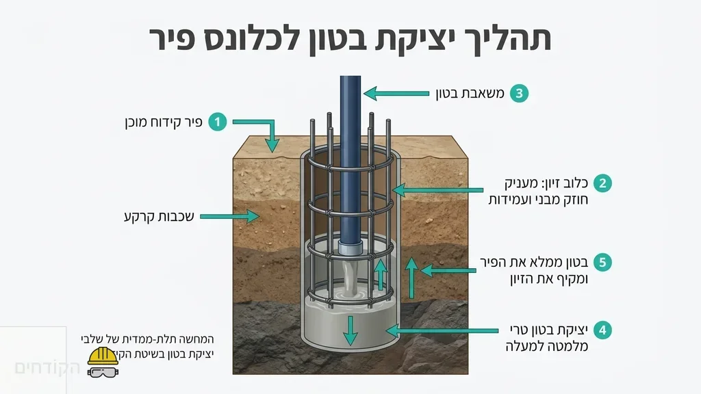 המחשה של שלבי העבודה ויציקת הבטון לתוך פיר הקידוח בו מותקן כלוב ברזל יציקת בטון לתוך פיר כלונסאות עם כלוב ברזל בבניית בית פרטי