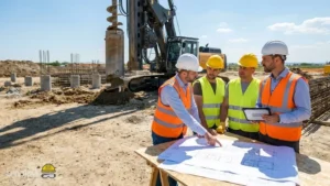 צוות מומחים מפקח על תהליך קידוח כלונסאות לבית פרטי