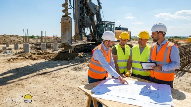 צוות מומחים מפקח על תהליך קידוח כלונסאות לבית פרטי
