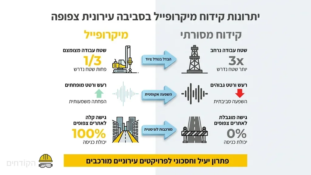 After the first H2 explaining what micropile drilling is and when it is used. מכונת קידוח מיקרופייל קומפקטית בפעולה באתר בנייה צפוף