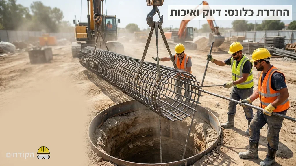 הכנסת כלוב ברזל לתוך בור קידוח לפני יציקת בטון