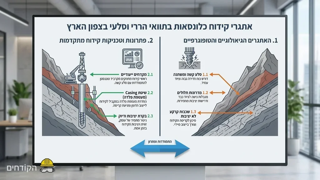 לאחר תיאור האתגרים הגיאולוגיים והטופוגרפיה ההררית בצפון הארץ. מכונת קידוח כלונסאות פועלת בתנאי שטח הרריים וסלעיים