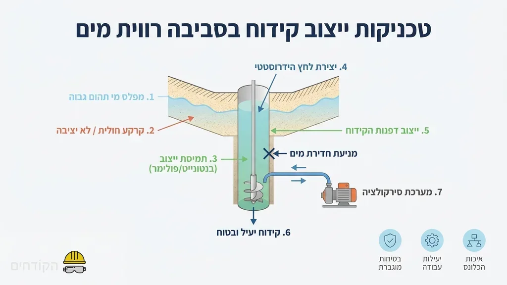 לאחר ההסבר על שימוש בתמיסות ייצוב וקידוחים בסביבה רווית מים. עבודות תשתית וביסוס בסביבה רווית מי תהום