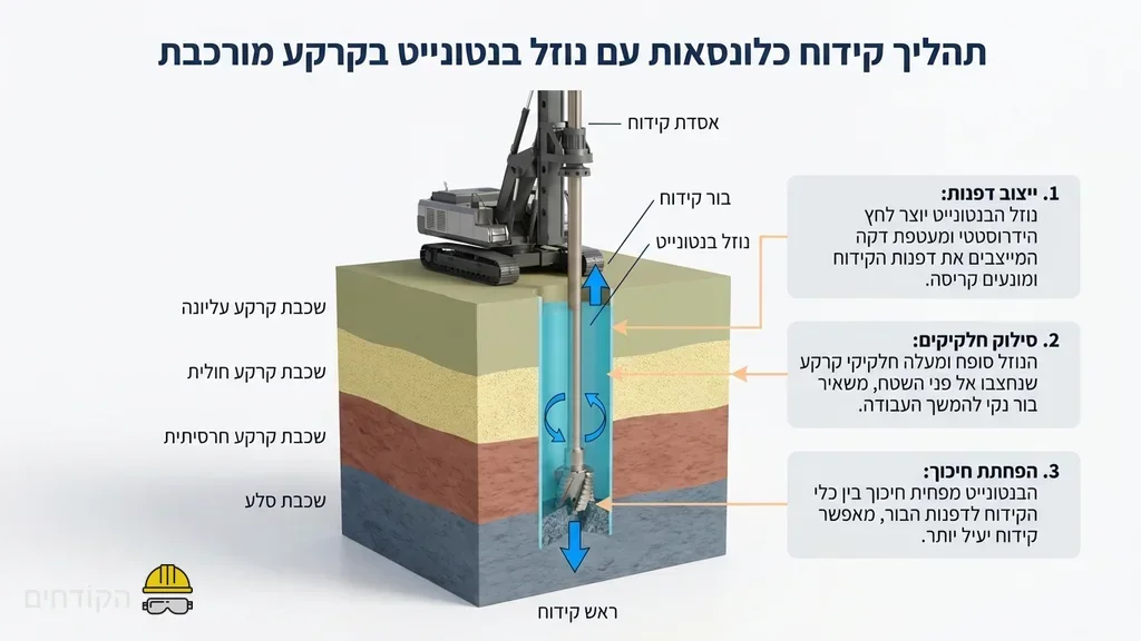 מכונת קידוח כלונסאות פועלת באתר בנייה עם תמיסת בנטונייט