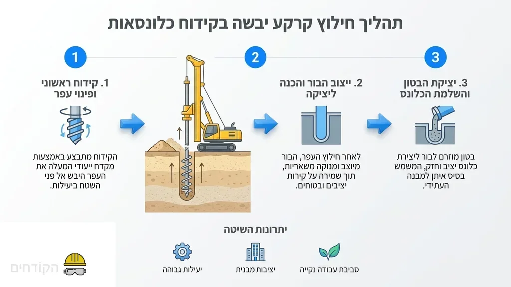 מכונת קידוח כלונסאות מבצעת עבודה בשיטה יבשה באתר בנייה