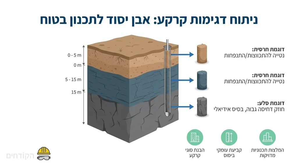 Engineers examining soil samples from a test drill. מהנדסים בוחנים דגימות קרקע