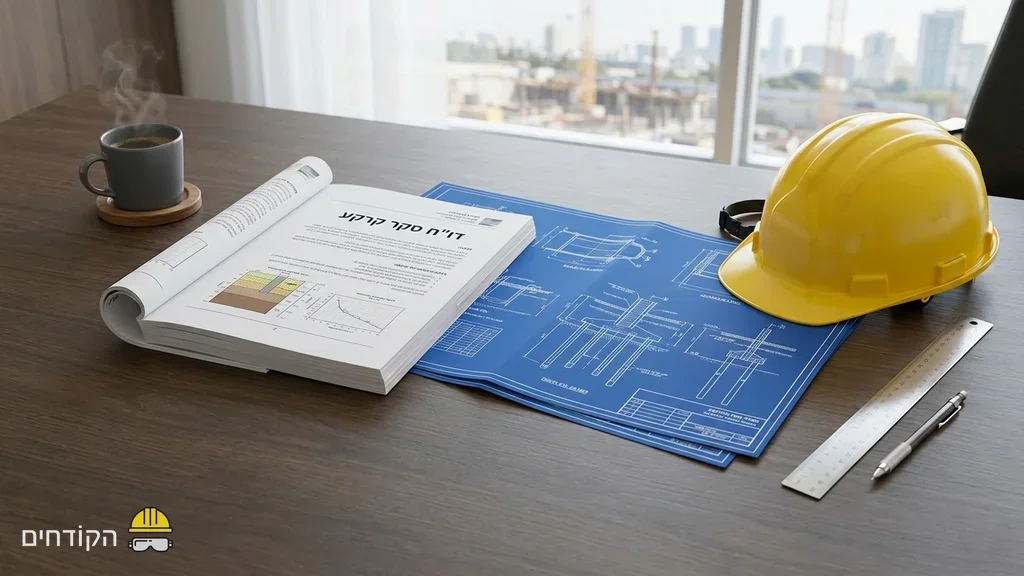 A blueprint or engineering report on a desk with a hard hat. דוח גיאוטכני ותוכניות בנייה