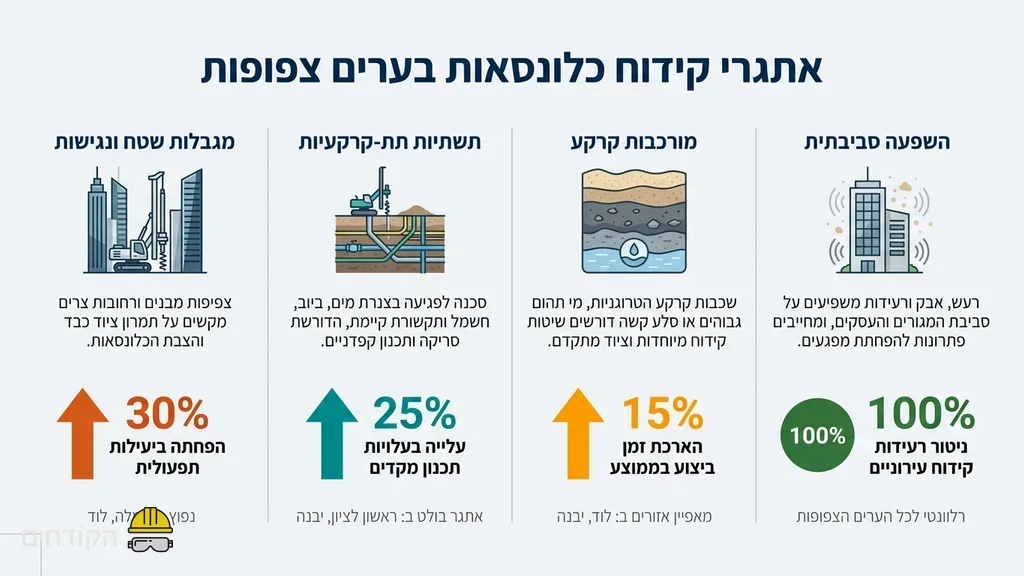 After the section detailing the challenges of drilling in specific cities like Lod, Yavne, Ramla, and Rishon LeZion. מכונת קידוח כלונסאות פועלת באתר בנייה עירוני צפוף