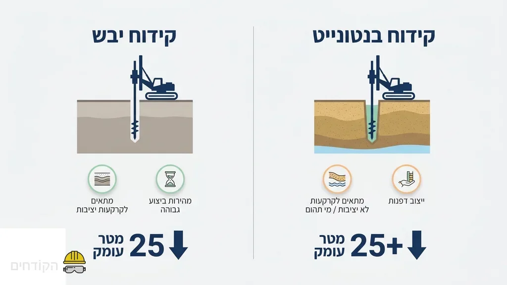 יציקת בטון לתוך בור יסוד עמוק