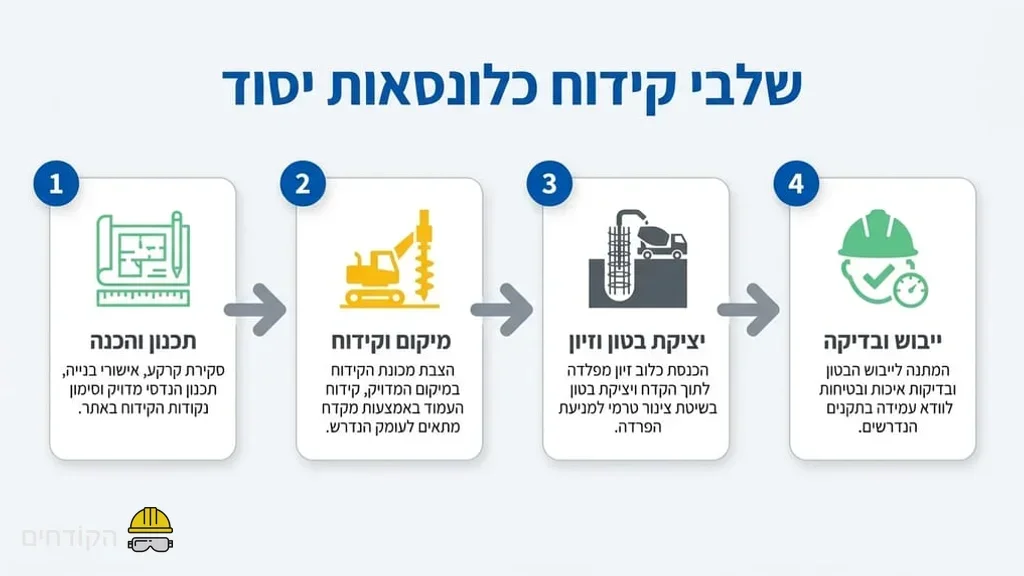 אחרי הפסקה המסבירה על השלבים המרכזיים של הפרויקט מכונת קידוח כלונסאות באתר בנייה בשלבי התארגנות