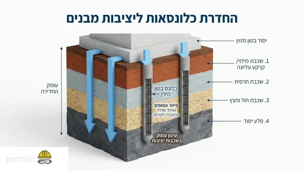 תרשים הממחיש את החדרת הכלונסאות לקרקע לשם יציבות המבנה