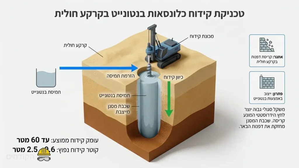 מכונת קידוח פועלת בשיטת בנטונייט באזור בעל קרקע חולית ורכה